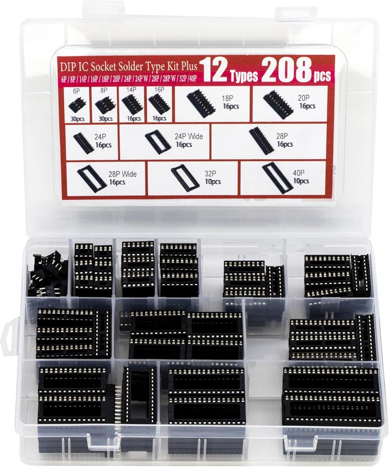 jujinglobal 208pcs 12 Types DIP IC Socket Assortment Kit 2.54mm 0.1" Pitch 6 8 14 16 18 20 24 24Wide 28 28Wide 32 40 Pin DIP IC Socket Solder Type Adaptor Assortment Kits - Image 2